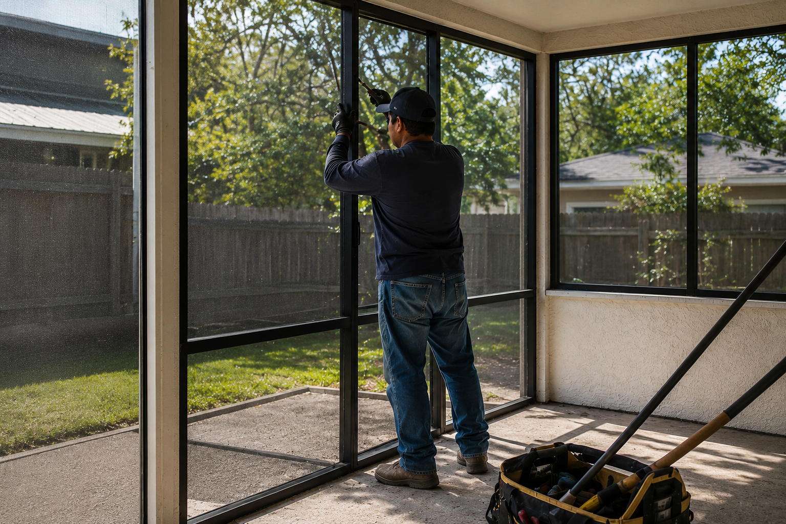 Screen enclosure repair on a Florida patio by Builders and Renewals Pro